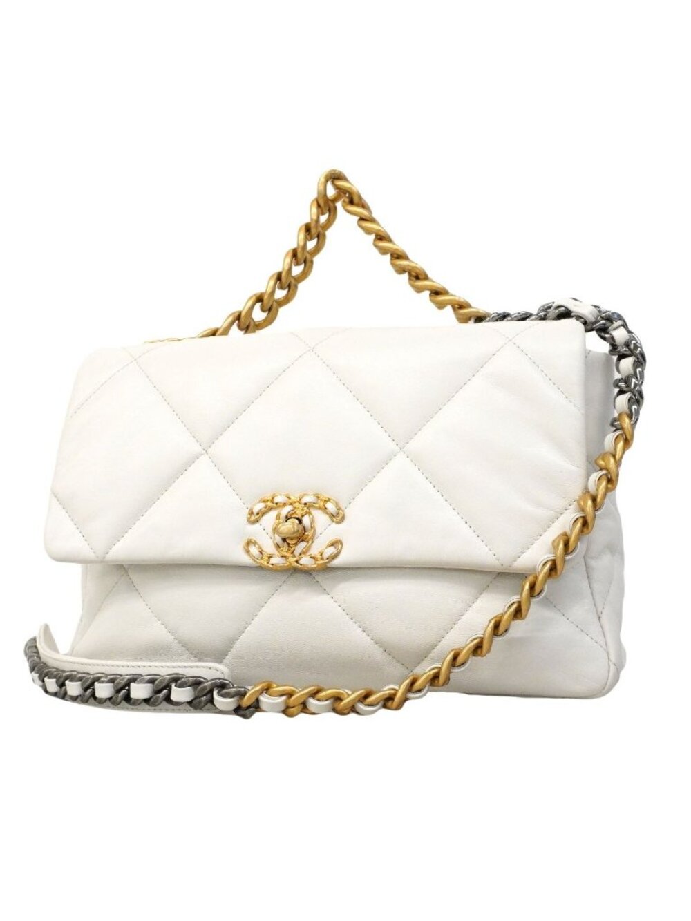 Chanel Handbag 19 Lambskin White Gold Silver 2-Way